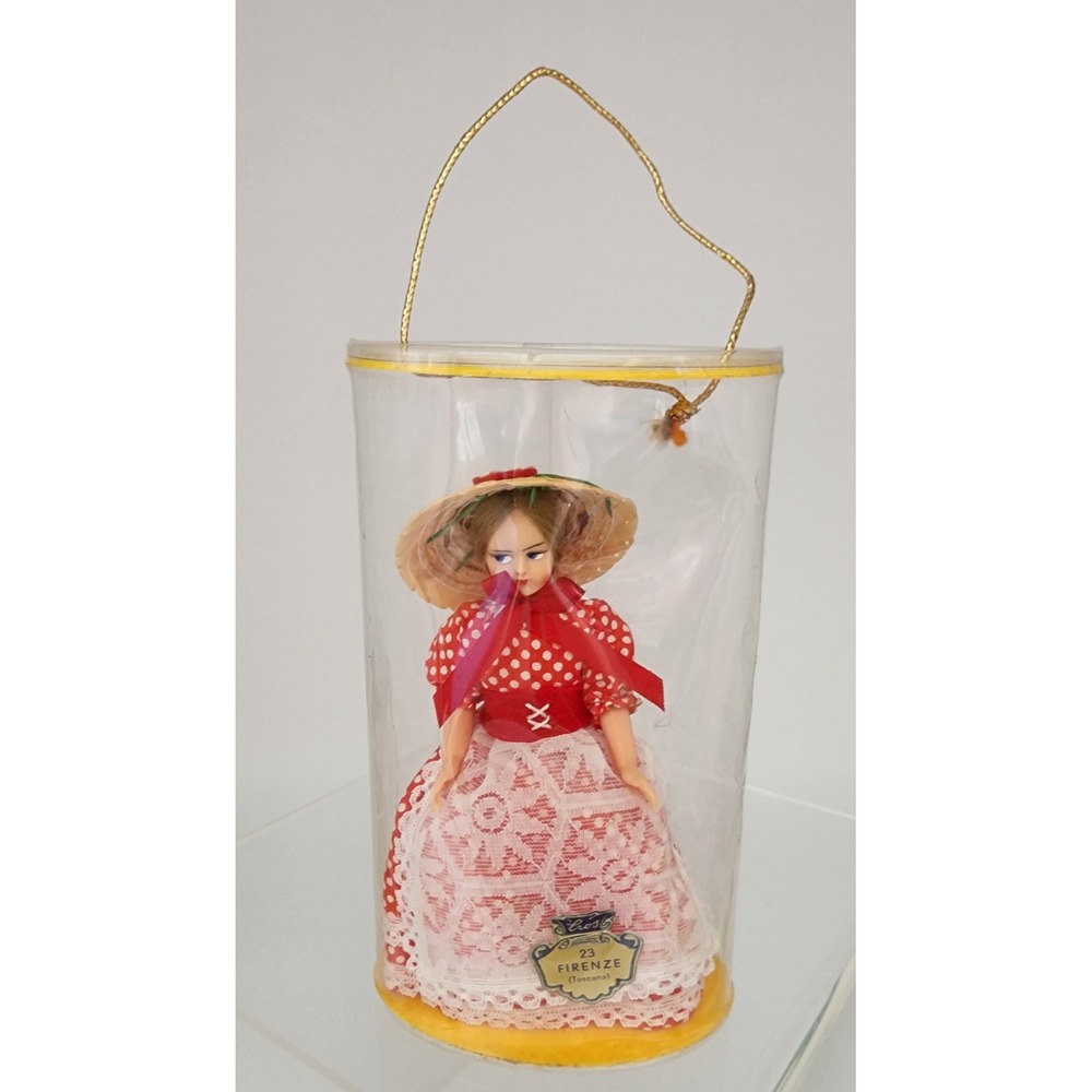 1950's Eros Firenze Souvenir Doll Italy 23 Toscana Red Polka Dot Lace Hat Vtg